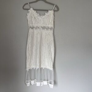 Elegant White‎ Lace Midi Dress Women Size Small Adjustable Straps Sheer Hem